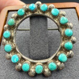 Vintage Southwestern Brooch Sterling Silver Snake Eye Turquoise Circle Pin 1 1/8